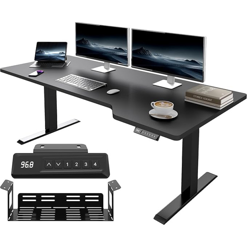 JUMMICO Reguliuojamo aukščio rašomasis stalas, 160 x 70 cm, L formos, žaidimų stalas, elektrinis, reguliuojamo aukščio, ergonomiškas, biuro stalas su 4 atminties funkcijomis ir kabelių valdymu, didelė vieta monitoriui, stovimas stalas, juodas