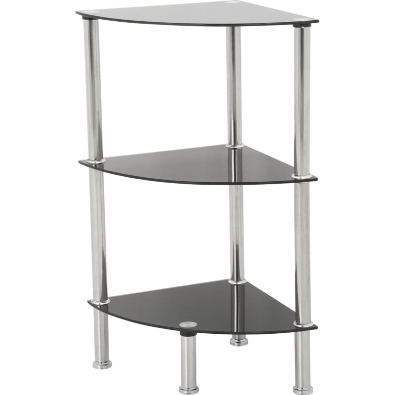 Karalius Juodas stiklas 3 pakopų modernus organizacinis stovas, kampinis lentynų lentynas, lentynos plotis 30 cm x 30 cm, maksimalus vienos lentynos svoris 5 kg Gyvenamieji kambariai, virtuvė, garažas ir kt.