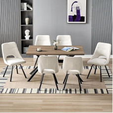 LEWE Valgomojo grupės valgomojo stalas su 6 kėdėmis, 140 x 80 x 76 cm, stačiakampis medinis valgomojo stalas su 6 valgomojo kėdėmis, paminkštintas, platesnė sėdynė, be porankių, skirtas virtuvei, valgomajam ir svetainei, smėlio spalvos