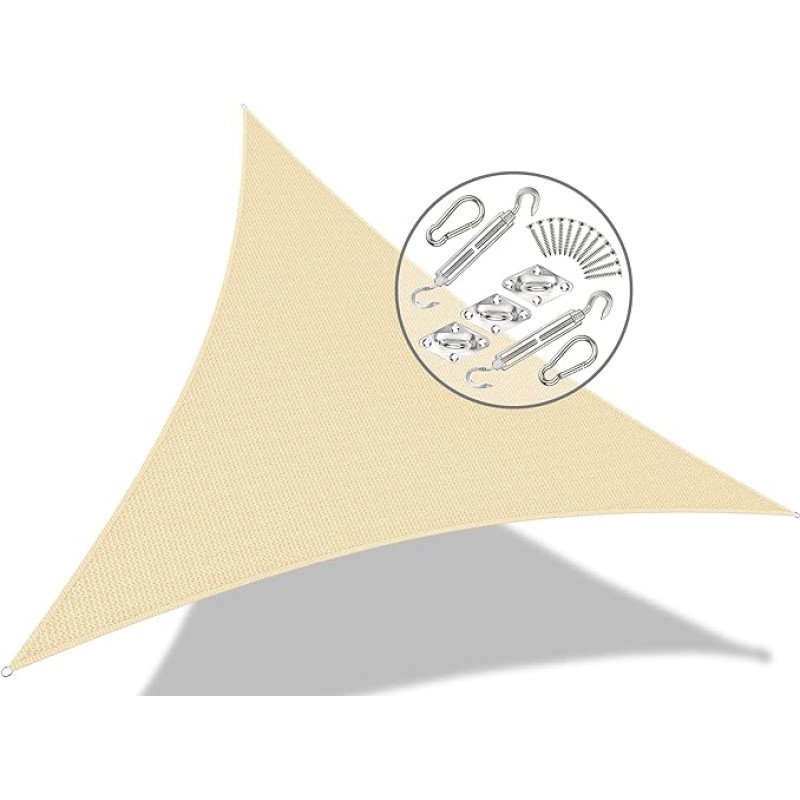 VOUNOT trikampė markizė su tvirtinimo komplektu, apsauganti nuo saulės, kvėpuojanti ir apsauganti nuo UV spindulių, skirta balkonui, sodui, terasai, 3 x 3 x 3 m, dramblio kaulo spalvos