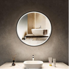 LED Badspiegel Rund 60x60 cm - mit Frontbeleuchtung, 3 Lichtfarben Dimmbar, Touch-Schalter, Anti-Beschlag & Memory-Funktion, Schwarzer Aluminiumrahmen