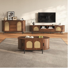 Wohnzimmer Set 3-teilig im Japandi-Stil, Landhaus Möbel Set inkl. TV-Schrank Sideboard & Couchtisch, Möbelgarnitur Rattan-Optik mit Schiebetüren und Metallfüße Stauraum (Nussbaum)