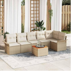 Modulares Gartensofa-Set 7 Stück mit Ecksofa und Akazienholz Tisch als 7-teiliges Outdoor-Sofa-Set Poly-Rattan in Schwarz und Creme