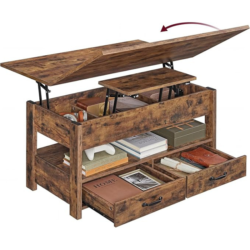 VASAGLE Couchtisch, höhenverstellbarer Wohnzimmertisch, Gaszylinder, 2 Schubladen und 3 Fächer unter der Tischplatte, Kaffeetisch, 1 offenes Fach, für Wohnzimmer, Homeoffice, vintagebraun LCT254K201