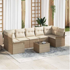 Modulares Terrassen-Sofa Set 8-teilig in Beige und Creme aus Poly-Rattan als Outdoor-Sofagarnitur mit Kissen