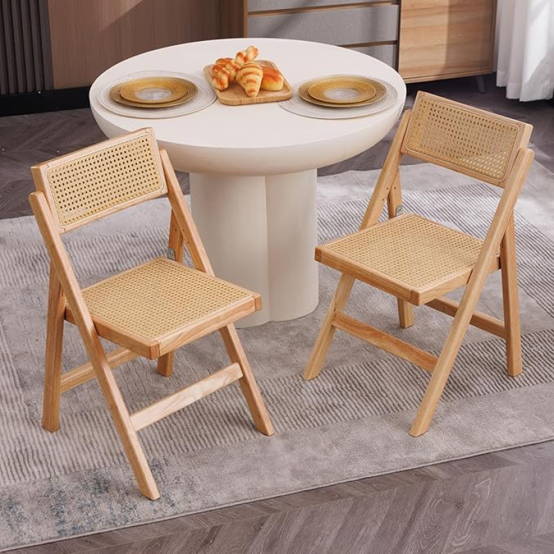 Ya-Home 2 valgomojo kėdžių komplektas Medinės sulankstomos kėdės Ratano sulankstomos virtuvės kėdės be porankių Derliaus akcento kėdės Sodo kėdės valgomajam / virtuvei / balkonui Natūrali mediena