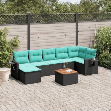 8-teiliges Gartensofa-Set mit Kissen und Beistelltisch aus schwarzem Polyrattan, Outdoor Sofa Set mit Akazienholz Tisch und waschbaren Bezügen