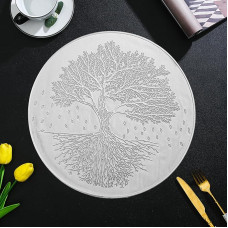 Platzmatten Rund, 8er Set Baum- und Laubmuster Platzset & Küstenfahrer Modern, Tischset für Küchen Zuhause Esszimmertisch, Silber, 38cm