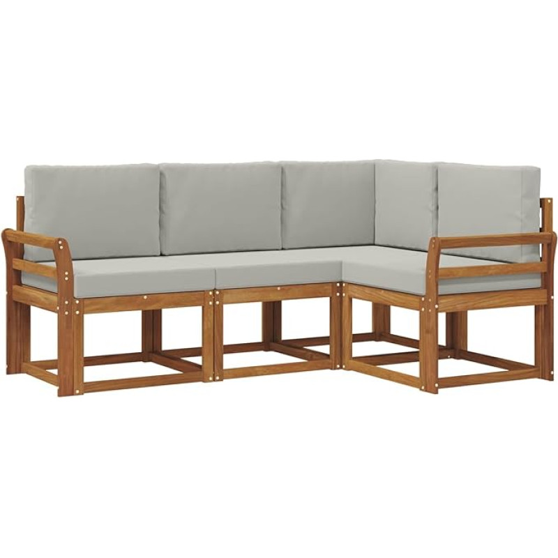 Gartenmöbel-Set aus Akazienholz, Modulares Lounge-Sofa mit Kissen für Garten und Balkon, 4-teiliges Set, Natur und Hellgrau, 190 x 130,5 x 73 cm