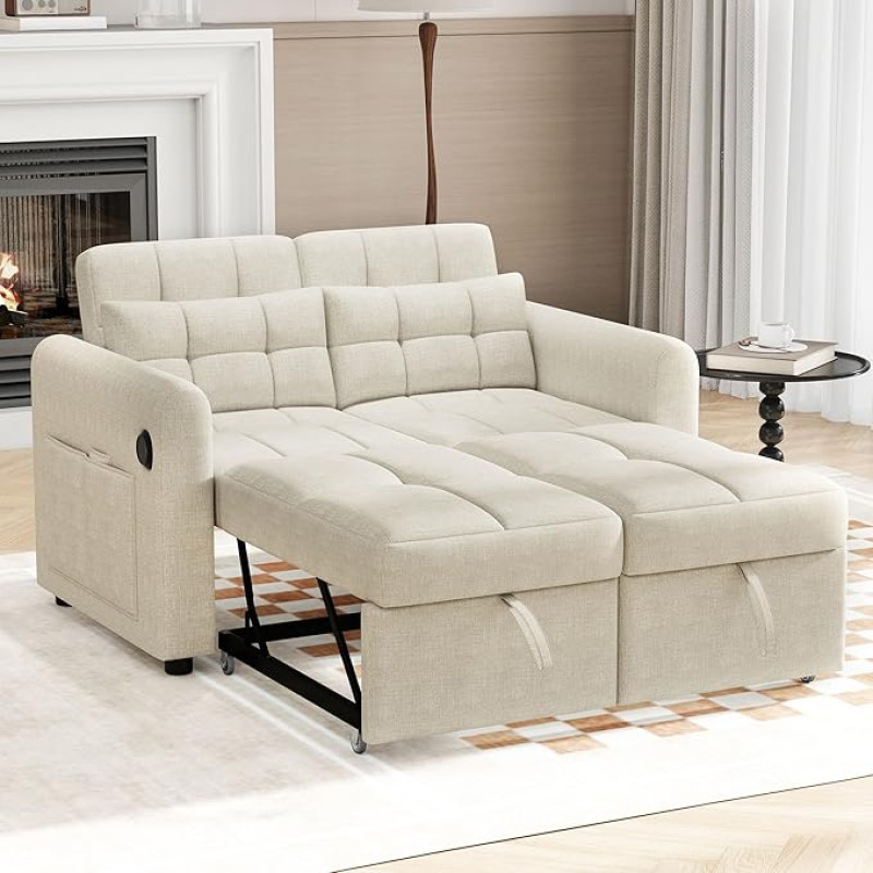 DRIXNO Modernus dizainas: Loveseat Sofa 3 in 1 išskleidžiama sofa su reguliuojamu atlošu, USB porankiais ir pagalvėlėmis, tinkanti svetainei, miegamajam, namams ir kt., smėlio spalvos