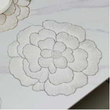 2 gėlių formos PVC paklotėliai, 2 gėlių formos, karščiui atsparūs paklotėliai, virtuvės paklotėliai valgomojo stalui, 38 x 38 cm, sidabrinės spalvos