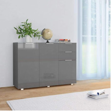 Festnight Sideboard High-Gloss Grey 107 x 35 x 76 cm Particle Board Side Cupboard Drawer Cabinet Multi-Purpose Cabinet with 2 Drawers and 3 Doors