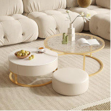 Minimalistinis, rundes Couchtisch-Set mit Metallrahmen und Lederhocker für Wohnzimmer und Schlafzimmer