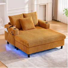 Šezlongas, sofa-lova su LED ir USB-C prievadu, 2 pagalvėlėmis ir gėrimų laikikliais, sofa-lova svetainei ir miegamajam, garstyčių geltonos spalvos