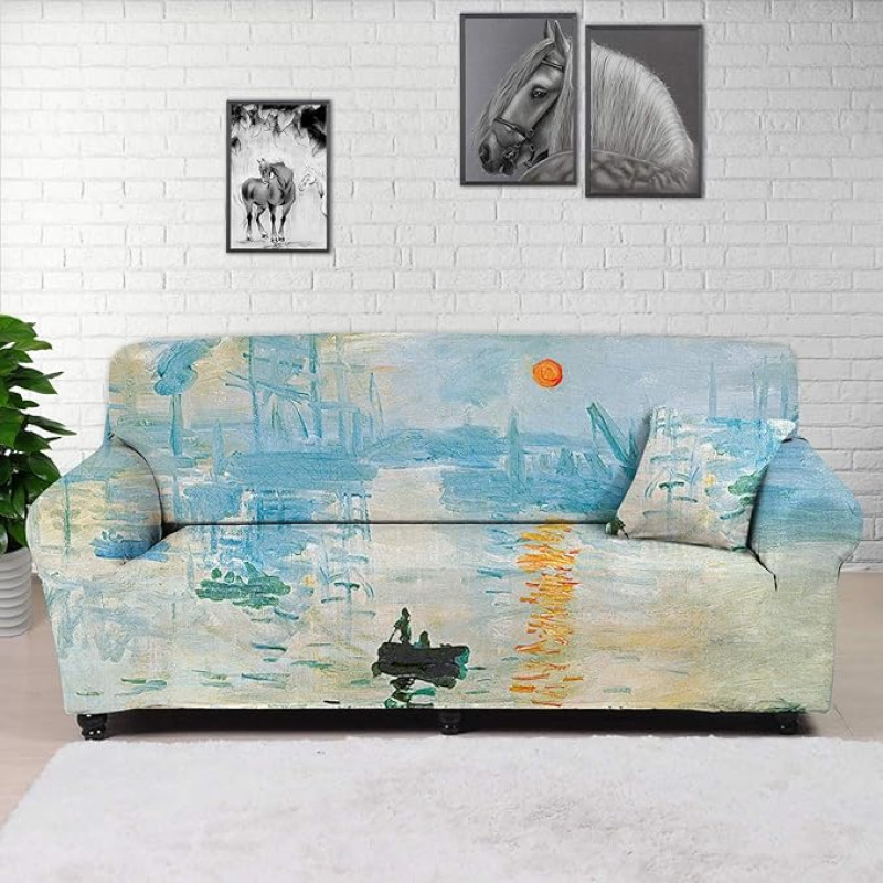 HUGS IDEA Claude Monet atspausdintas sofos užvalkalas, Impression Sunrise by Claude Monet Spandex Jacquard Non-Slip Soft Reversible Large Sofa Protector for 4 Cushions