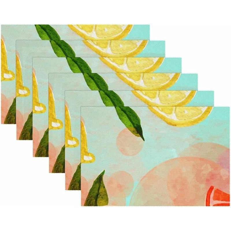 Stoff-Tischsets, waschbare Tischsets für Esstisch, 6er-Set,Aquarell Frucht Erdbeer Orangen Zitrone