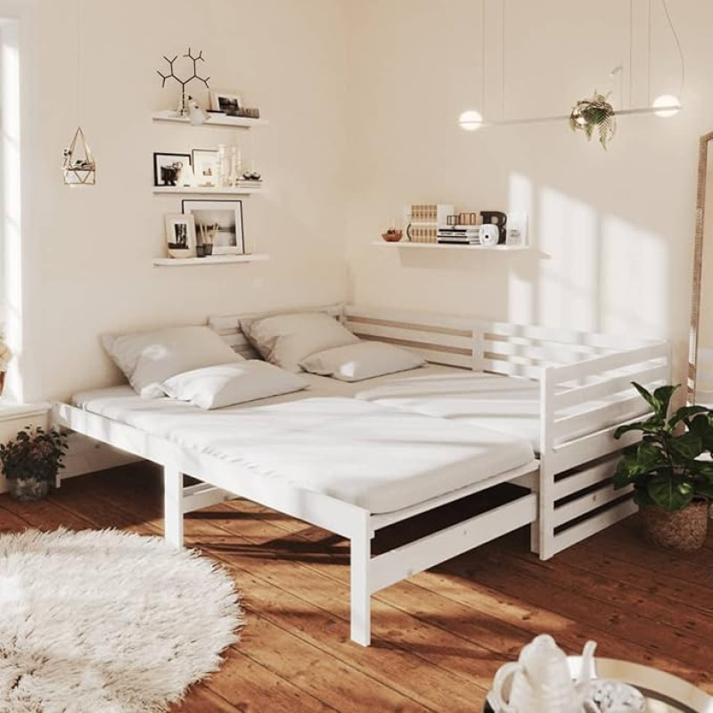 Homgoday Išskleidžiama dienos lova Sofa lova Sofa lova Sofa lova Sofa lova Dienos lova Svečių lova Sofa lova Sofa lova Medinė lova gyvenamajam kambariui 2 x (90 x 200) cm Baltas pušies masyvas