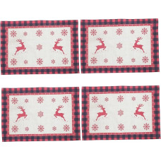 Set of 4 Christmas Place Mats Made of Cotton Linen with Black Check Pattern and Reindeer Motif, Decorative Place Mats for Festive Christmas Decoration and Dinner, Durable