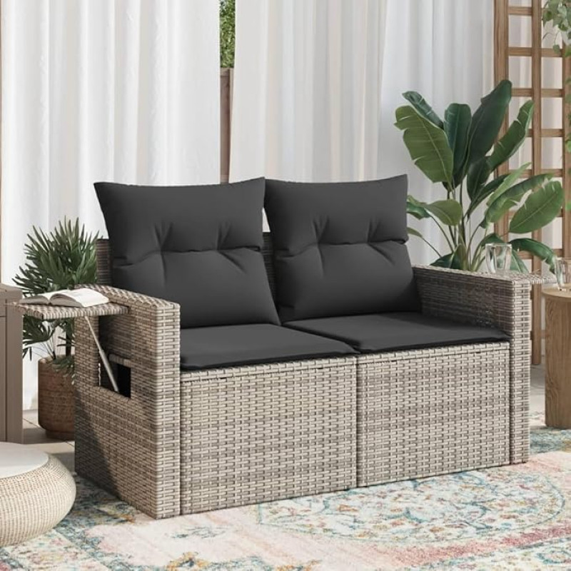 Homgoday 366141 Lauko sofa Sodo sofa su pagalvėle 2 sėdimos vietos Pilka polietileninė rotango lova Sofa sofa Sodo sofa Gyvenamasis kambarys Terasa Lauko