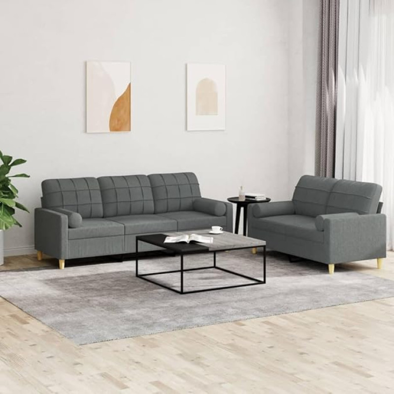 LAPOOH 3201323 2 dalių sofos komplektas su pagalvėlėmis Tamsiai pilkas audinys, sofa su poilsio funkcija, sofos komplektas, svetainės sofa, sofa, sofos komplektas