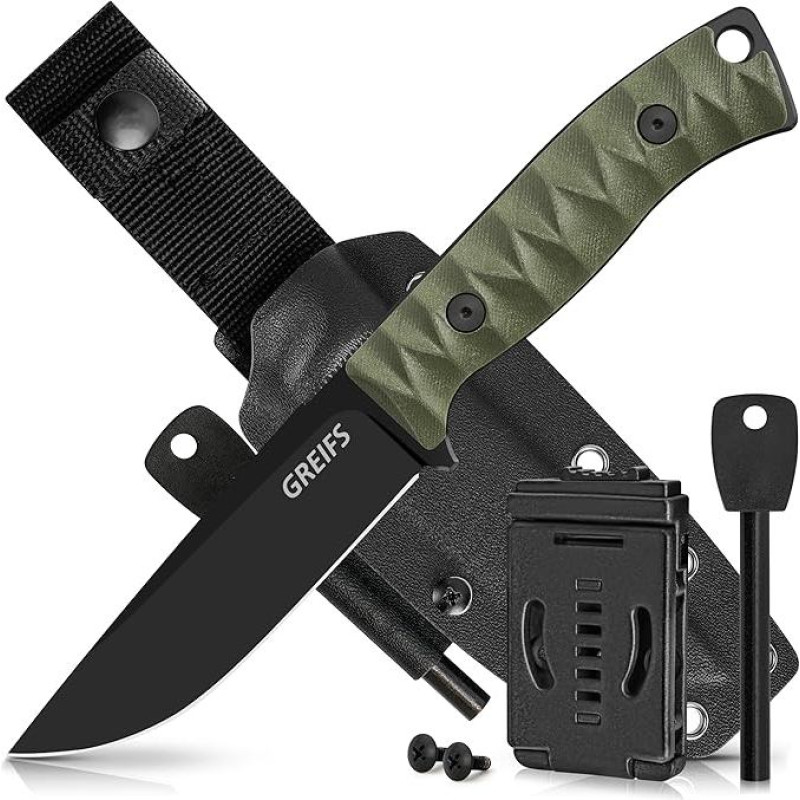 GREIFS® lauko peilis iš D2 plieno su Kydex dėklu ir ugnies smogikliu, elegantiškas išgyvenimo peilis, skirtas Bushcraft įrangai, medžioklinis peilis, drožinėjimo peilis, kelioninis peilis (Ranger/Olive Green)