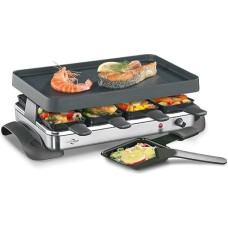 Küchenprofi GRANDE8 Raclette nerūdijančio plieno raketė 8 asmenims, 1200 W, 47 x 24,5 x 13,5 cm, nesvylanti kepsninės plokštė, 8 mediniai Raclette grandikliai, nuolat reguliuojama temperatūra, juodos spalvos