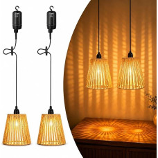 Shengruili 2 Stück Hängelampe Batterie,Hängelampe Boho Hängeleuchte Rattan,Esstischlampe Vintage Geflochten für Esszimmer Schlafzimmer Wohnzimmer Flur Küche