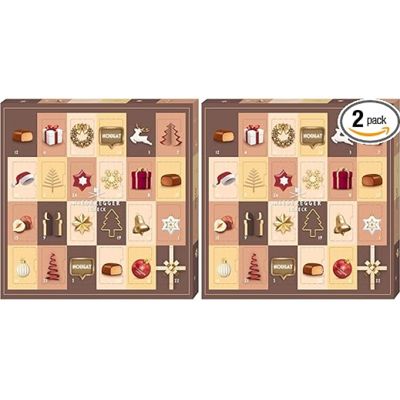 Niederegger | Mini Adventskalender | 1x 180g | Enthält 24 Nougat-Stücke im Miniformat | Sorte Nuss & Sahne | Umhüllt von Vollmilch-Schokolade | Tischkalender Weihnachten (Packung mit 2)