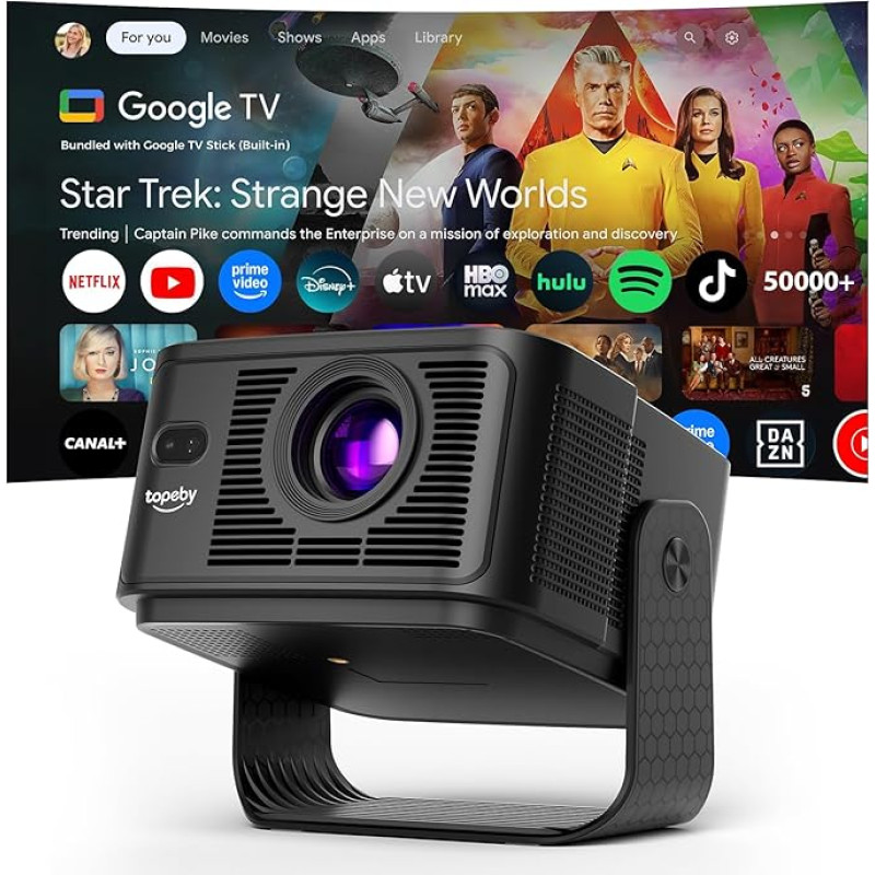 Projektorius [Google TV 50000+ programų ir 4K 8K palaikymas, 1080p gimtoji raiška ir automatinis ekrano koregavimas] 700 ANSI HDR10+, AI balso asistentas, du 10 W 3D garsiakalbiai, nešiojamasis projektorius, juodas