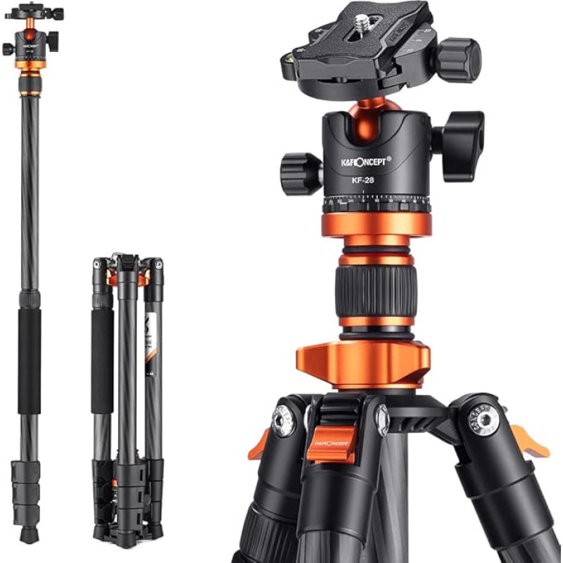 K&F CENCEPT Carbon fotoaparato trikojis, kompaktiškas D254C1 (SA254C4) kelioninis fotoaparato trikojis, trikojis su monopodo funkcija, skirtas SLR fotoaparatui
