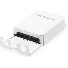 Outdoor PoE Passthrough Switch, 1 PoE in 4 PoE Out Extender, IEEE802.3af/at/bt PoE Powered 90W, 100Mbps Ethernet, Wall Mounting, Waterproof, Plug and Play