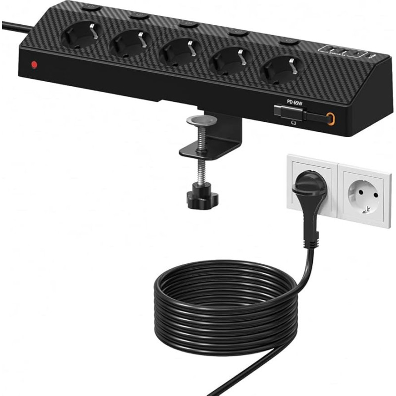 Maitinimo kištukinis lizdas, stalinis lizdas su 2 USB (PD 65 W), PASSUS 5 krypčių kelių lizdų maitinimo kištukinis lizdas su apsauga nuo viršįtampių, 10-in-1 kampinis lizdas su plokščia jungtimi, skirtas biurui / virtuvei, juodas