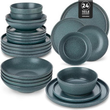 vancasso Zermatt Crockery Set for 6 People, 24-Piece Stoneware Crockery Set, Plate Set for 6 People, Smoky Teal, Modern Dinner Service with Dinner Plates, Soup Plates, Dessert Plates Bowls