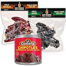 Meksikietiškų aitriųjų paprikų pakuotė - 3 pakuotės 75 g džiovintų Cultura Del Chile aitriųjų paprikų: Ancho, Guajillo ir La Costena Chipotle in Adobo 199g - autentiški meksikietiški skoniai.