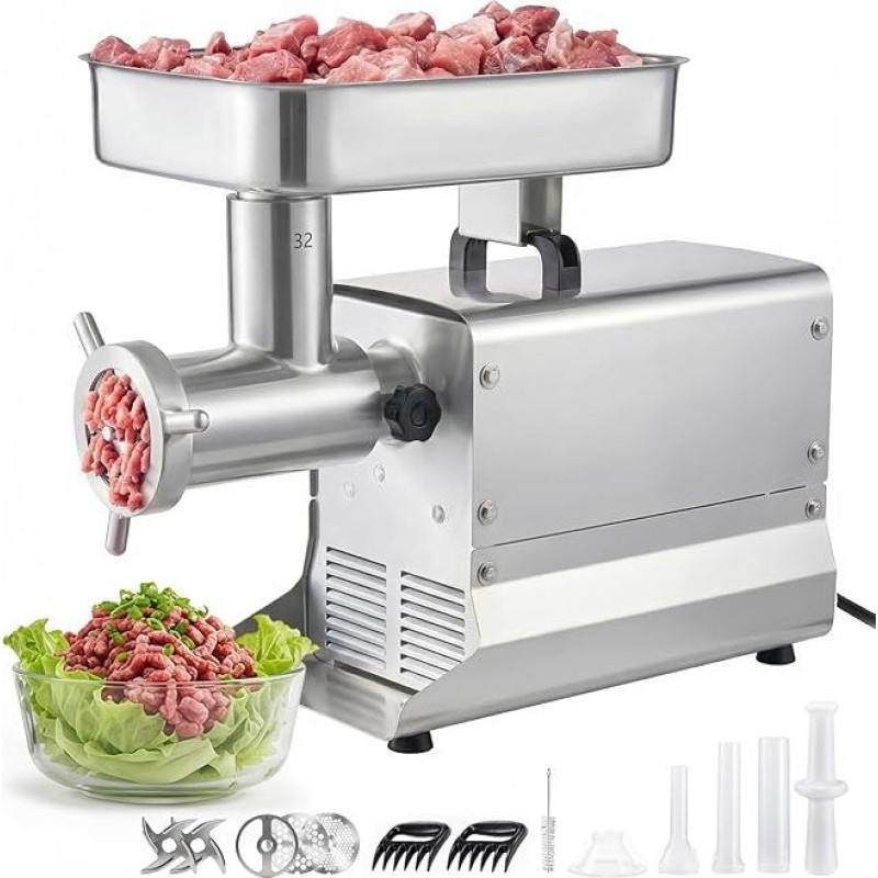 VEVOR Fleischwolf, 9,5 kg/min Kapazität, #32 Elektrischer Fleischwolf mit 3 Lochscheiben, 3 Wurstfüllrohren, 1100 W, 2-in-1 Küchenmaschine aus Edelstahl für private Küchen & Restaurants