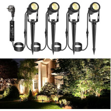 ECOWHO LED sodo apšvietimas, 12 V 3 W sodo prožektorius, su įžeminimo antgaliu ir kištuku, IP65 vandeniui atsparūs LED sodo žibintai, sodo prožektoriai su kabeliu, skirti lauko sodo vejai (šiltai balta, 4 vnt.)