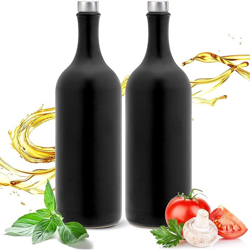 Gourmet Vinegar & Oil Bottles with Spout, Made in Germany, Handmade, Exclusive Stoneware Bottles, Unique, Timeless and Chic. Pourer in Deluxe Silver (2 x 750 ml, Black)