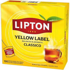 „Lipton Yellow Label“ juodoji arbata su rankomis surinktais juodosios arbatos lapais, augalinės kilmės, atskirai supakuoti arbatos maišeliai, sertifikuota „Rainforest Alliance“, 100 arbatos maišelių pakuotė