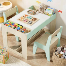 Clevich Children's Furniture Set with Storage Space, Children's Table with 2 Chairs, from 3 Years | Children's Table Chair Set with Reversible Table Top, Painting Table, Children's Desk for Daycare, Children's Room, Green