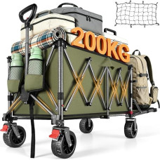 „YEAUPE PRO“ sulankstomas vežimėlis, 220 l, 200 kg, visų tipų reljefui pritaikyti ratai, alyvuogių žalia spalva | Sulankstomas vežimėlis ir vagonėlis festivaliams, galinis dangtis per ilgoms prekėms, lengvas (10,5 kg) paplūdimio vežimėlis, skirtas kemping