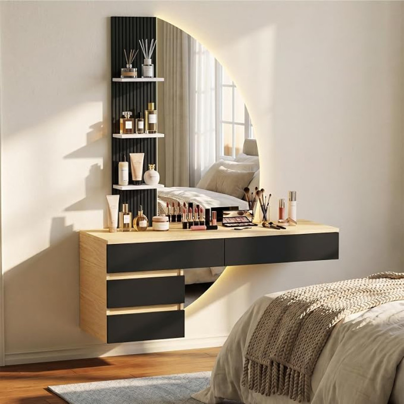 JUMMICO Wall Dressing Table with LED Lighted HD Mirror, Dimmable Brightness & Large Storage Space, Space Saving Modern Dressing Table for Bedroom, Black/Oak (Black)
