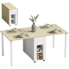 „HOMCOM“ sulankstomas valgomojo stalas su 2 stalčiais, 168,2 x 85 x 73 cm, natūralios spalvos / baltas | Virtuvės stalas, 4 lentynos, iki 6 asmenų, modernus sulankstomas stalas, medinės kojos, valgomojo stalas, valgomasis, virtuvė