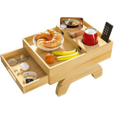 Couch-Getränkehalter, Sofa-Armlehne, Tablett mit Schublade und drehbarem Handyhalter für Getränke, Fernbedienung, Snacks, Couch, Armlehne, Tisch, Holzfarbe