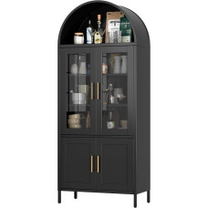 SUPEER Metal Showcase Sideboard Standing Cabinet with Arch Roof, Kitchen Cabinet with 2 Glass Doors and 2 Metal Doors, Glass Display Cabinet for Living Room, Bedroom, 185 x 80 x 40 cm (Black)