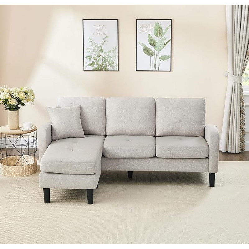 Kebnor L-Shaped Corner Sofa with Chaise Longue - 3 Seater Sofa, 166 x 118 x 77 cm, Breathable Cotton Linen Fabric, Plastic Legs, Modular Design, Ideal for Smaller Spaces (Beige)