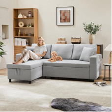 L formos kampinė miegamoji sofa, 219 cm, pilkos spalvos, su daiktų laikymo skyriumi ir nuimamu šezlongu, šoninėmis kišenėmis – svečių lova, skirta svetainei