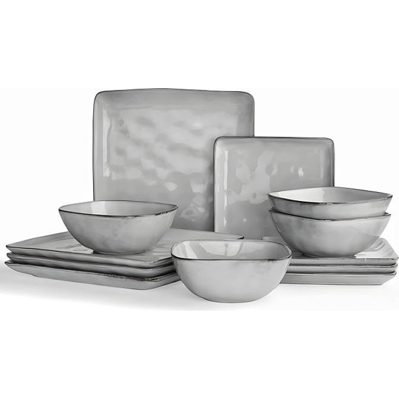 Richmount Ocean Series Stoneware Crockery Set for 4 People, 12-Piece Square Crockery Set, Dish Set, Dishwasher, Microwave, Scratch-Resistant for Dinner Service with Reactive Glaze, Dinnerware, Grey
