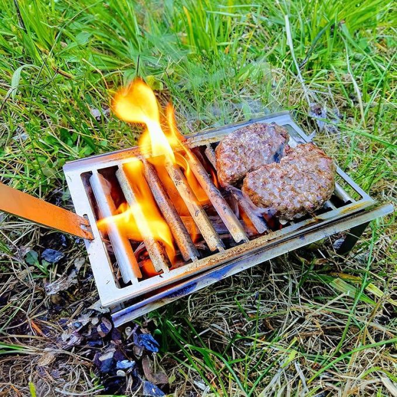Nešiojamas nerūdijančio plieno mini laužavietė-grilis su iešmo laikikliu ir butelių atidarytuvu – sulankstomas grilis-rūkykla, skirta kelionėms, stovyklavimui, žygiams ir žvejybai (220 x 110 mm)