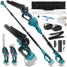 6-in-1 Telescopic Pole Pruner and Battery Hedge Trimmer Set with 2 x 4Ah Batteries, 8 Inch Electric Chainsaw Pruning Saw Including 3 Chains, 22 cm Hedge Trimmer and 13 cm Grass Shears, 4.5 m Max