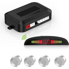 Parking Aid Wireless Kit, Reversing Radar System with 4 PDC Sensors, Wireless LED Distance Display with Acoustic Warning + 4 Silver Colour Parking Aid Rear for Car Vans RV Trailer